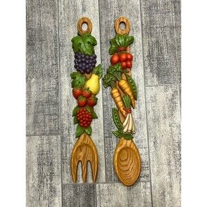 1976 Fruit & Veggie Spoon & Fork Wall Hanging ~ Vtg Retro Kitchen Decor 17.5"